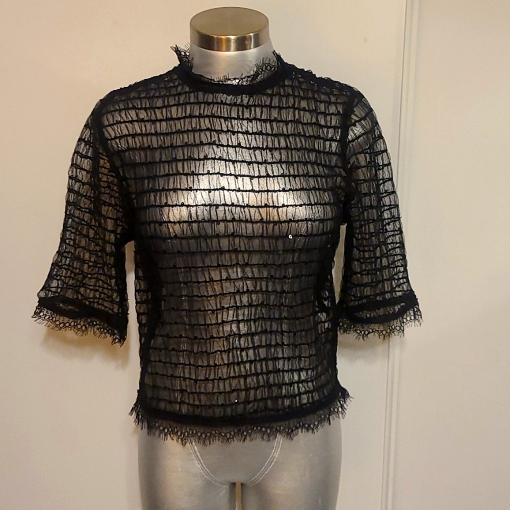 VERONA COUTURE sheer lace sequins detail lace bottom top.
